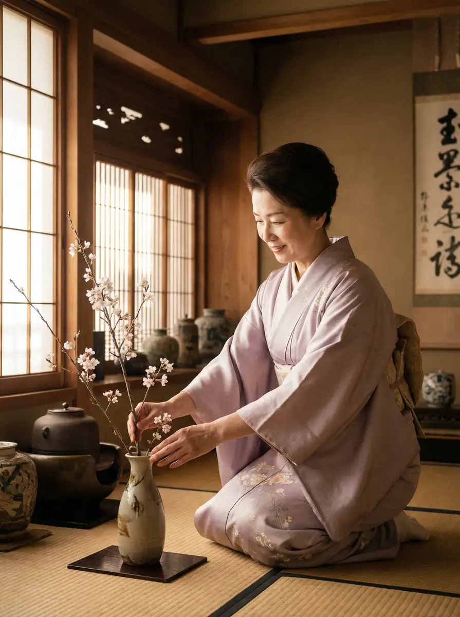 一位优雅的 茄子视频-高清视频|视频资源 在和室中插花